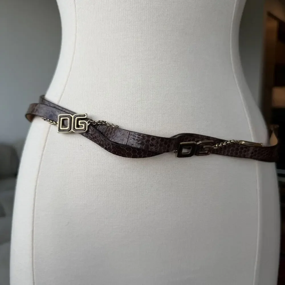 Dolce & Gabbana Brown Embossed Leather DG Logo Chain Belt